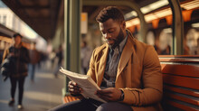 Afroamerican Man Sitting On Platform On Bench And Reading A Newspaper