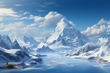 Poster - Majestic Snow-capped Peaks, on an isolated Icy Blue background, Generative AI