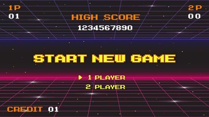 Poster - start new game play .pixel art .8 bit game. retro game. for game assets.