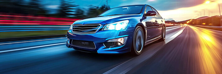 Canvas Print - close up  blue car on high speed in turn. Blue car rushing along a high-speed highway. motion speed blur