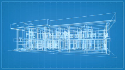 Wall Mural - 3D perspective render of wireframe architectural construction. 3D building wireframe. Vector illustration.