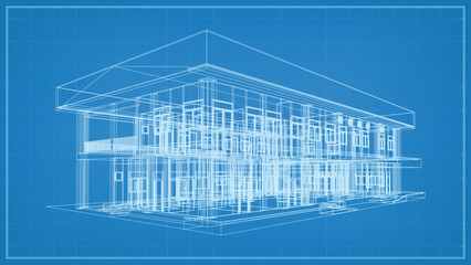 Poster - 3d perspective render of wireframe architectural construction. 3d building wireframe. vector illustr