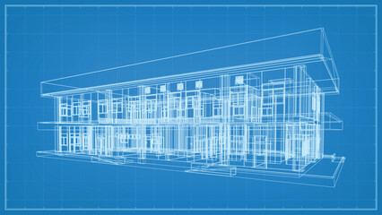 Poster - 3d perspective render of wireframe architectural construction. 3d building wireframe. vector illustr