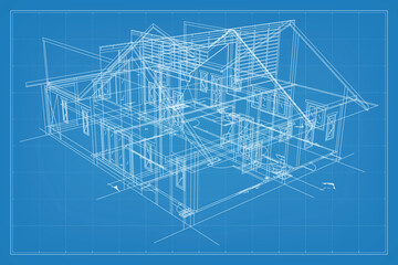 Poster - 3d render of building wireframe structure. perspective wireframe of house exterior. abstract constru