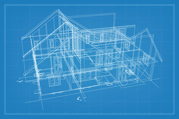 Canvas Print - 3D render of building wireframe structure. Perspective wireframe of house exterior. Abstract construction graphic idea. Vector illustration.