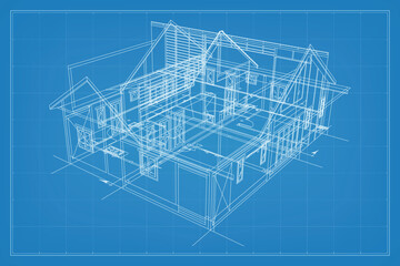 Poster - 3d render of building wireframe structure. perspective wireframe of house exterior. abstract constru