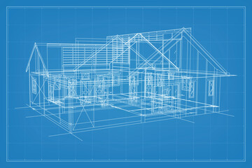 Poster - 3d render of building wireframe structure. perspective wireframe of house exterior. abstract constru