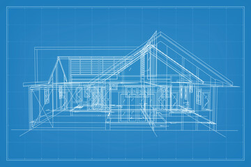 Poster - 3d render of building wireframe structure. perspective wireframe of house exterior. abstract constru
