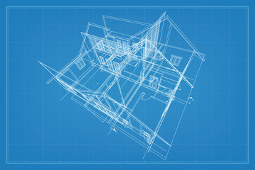 Poster - 3d render of building wireframe structure. perspective wireframe of house exterior. abstract constru