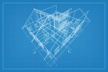 Poster - 3d render of building wireframe structure. perspective wireframe of house exterior. abstract constru