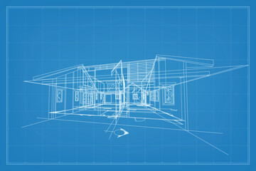 Poster - 3d render of building wireframe structure. perspective wireframe of house exterior. abstract constru