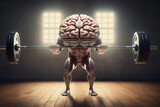 Fototapeta  - Human brain lifting heavy weights in gym. The concept of studying, learning or mental growth.