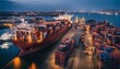 commercial transport ship loaded with containers near the harbor, long exposure photo
