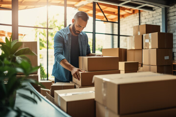 Man packing items into boxes Male courier service delivery goods online store. Portrait with selective focus. Online salesperson packing boxes for dispatch to customers, online working from home