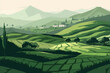 Green tea plantation landscape vector illustration. Cartoon flat rural farmland fields, terraced farmer tea plantation, hills with greenery and mountain on horizon. Asian agricultur