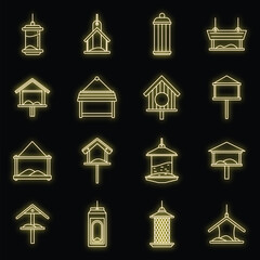 Sticker - City bird feeders icons set. Outline set of city bird feeders vector icons neon color on black