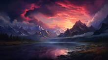 Massive Mountain Vista At Sunset With Pink Clouds And Tall Frosted Peaks