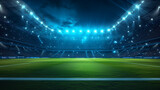 Fototapeta Sport - Night time Soccer Stadium Illuminated with Bright Lights, Green Field, and Soccer Ball