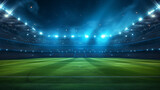 Fototapeta Sport - Night time Soccer Stadium Illuminated with Bright Lights, Green Field, and Soccer Ball