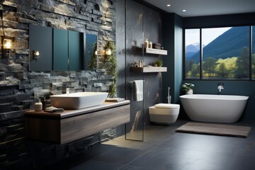 Wall Mural - Contemporary hotel bathroom toilet with dark gray stone accents and a bidet, on an isolated blue background, Generative AI