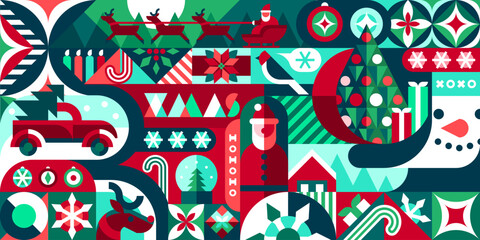 Poster - Geometric pattern with christmas motif. Vector xmas festive background with Santa riding deer sleigh, car with pine, snowman, tree and snowflakes. Candy cane, gifts and baubles simple geometric shapes