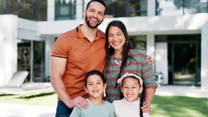 Canvas Print - Face of happy family, hug and real estate for new home, mortgage loan or property investment together. Portrait of homeowner, excited man and proud woman moving into a house with kids in backyard