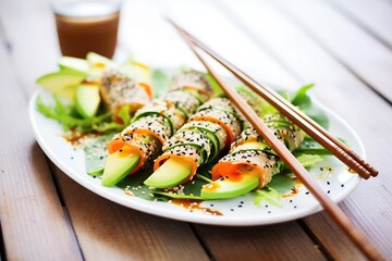 Wall Mural - slices of avocado with sprinkled sesame seeds on a salad