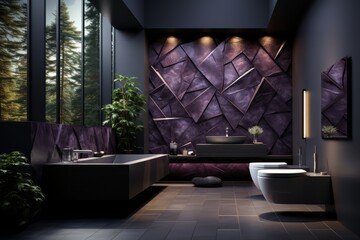 Wall Mural - geometric hotel bathroom toilet with dark gray stone patterns and a skylight, on an isolated purple background, Generative AI