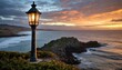 Tranquil Dusk: A Lone Lantern's Vigil by the Coastal Horizon