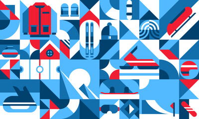 Aufkleber - Winter sport geometric pattern. Winter season sports types vector background or abstract pattern. Wallpaper retro backdrop or print with ski, sledge, snow bike and snowboard, warm clothing