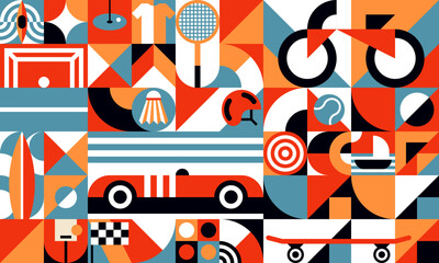 Aufkleber - Geometric summer sport pattern background with retro cars, abstract vector. Minimal pattern with vintage shapes and geometric forms of summer sport items, bicycle and skateboard