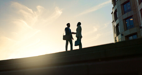 Poster - Business people, handshake and city silhouette for partnership, outdoor introduction and travel meeting. Corporate clients or men shaking hands for welcome, hello and agreement or career opportunity