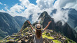 Tourists raising their hands happy to arrive at Machu Picchu, Peru, wonders of the world, world travel concept