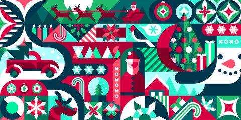 Poster - Christmas New Year modern geometric pattern. Xmas holiday vector background with circle, square and triangle shapes ornament. Abstract Christmas tree, Santa, gifts and snowman pattern