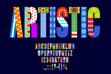 Poster - Geometric abstract font, type or color shape typeface, vector urban art English alphabet. ABC letters font of artistic retro or modern creative typography type with colorful pattern and shapes