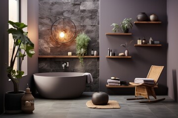 Wall Mural - eclectic hotel bathroom toilet with dark gray stone tiles and mismatched décor, on an isolated lavender background, Generative AI