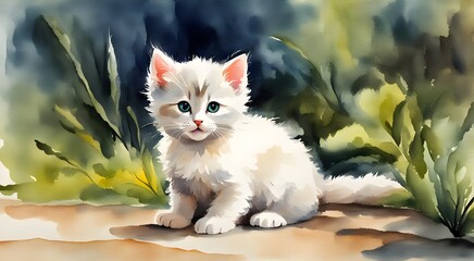  White cute kitten watercolour