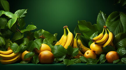 bananas arranged on a green background, Generative AI