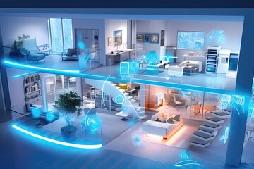 Poster - smart home setup. A modern living space equipped with smart home devices like smart lights, tv and voice - controlled assistants. Smart home interior with augmented reality. AI generative.