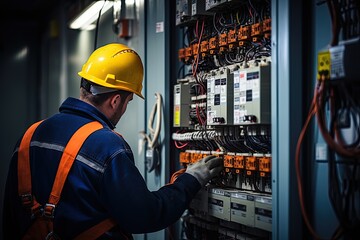 Poster - Electrical technician working in a switchboard. Electrician engineer checks electrical circuit in control panel for high current and voltage, starting relays for industrial production. Generative AI