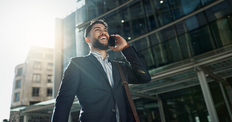 Poster - Outdoor, walking and business with man, phone call and connection with conversation, talking and morning. Urban town, person and employee with a smartphone, city and communication with network or app