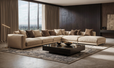 Wall Mural - contemporary luxury living room interior with modern sofa, stylish furniture, and elegant design elements in beige mood and tone