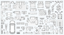 Collection Of Furniture And Equipment Top View For House Plan. Interior Icons Set For Bathrooms And Living Room, Kitchen And Bedroom (view From Above). Vector Blueprint For Apartment Floor Plan