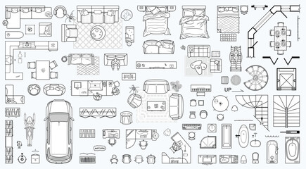 Collection of furniture and equipment top view for house plan. Interior icons set for bathrooms and living room, kitchen and bedroom (view from above). Vector blueprint for apartment floor plan