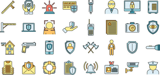 Poster - security personal guard icons set. outline set of security personal guard vector icons thin line col