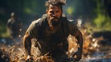 Fototapeta  - Homme qui court un. marathon dans la nature, en action de courir avec de la boue sur le corps, au milieu des montagnes