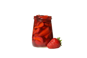 Sticker - PNG,Fresh strawberries with strawberry jam in a jar, isolated on white background