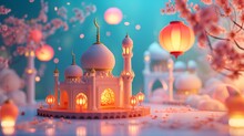 Serene Mosque With Glowing Lanterns And Cherry Blossoms On A Tranquil Evening. Softly Lit Minarets And Orbs Create A Peaceful, Dreamlike Scene.