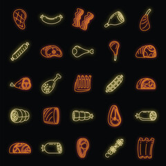 Wall Mural - Raw meat icons set. Outline set of raw meat vector icons neon color on black