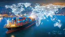 Container Ship And The Hologram Of World Map Of International Supply Chains. Generative AI.